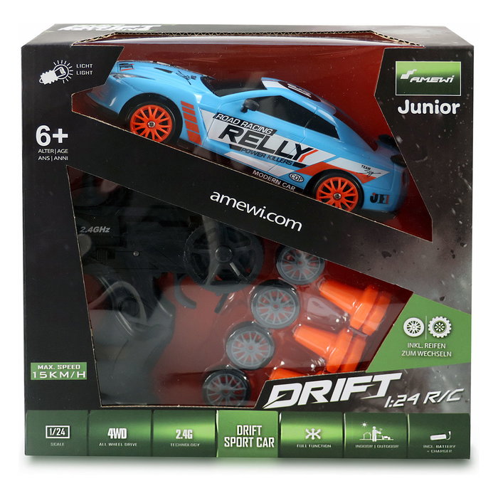 AMEWI Coche RC Drift Sportwagen 1:24, Motor Eléctrico 4x4, Negro/Azul, 2.4 GHz, 8+ Años, Ref. Drift
