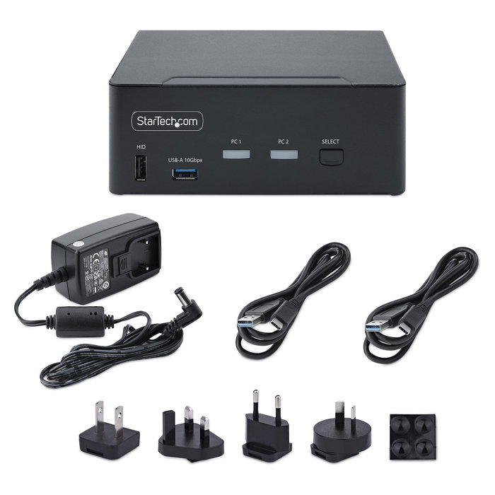 StarTech Conmutador KVM DisplayPort 1.4 2 Puertos y 2 Monitores - Switch para 8K 60Hz, 4K 144Hz, con Hub USB 3.2 10Gbps y Control por Teclado - Negro