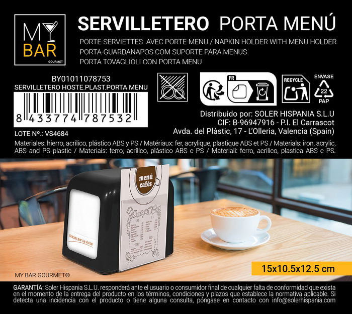 Inde Servilletero Hostelería Plástico Porta Menú My Bar 15 cm x 10.6 cm x 13.1 cm (12 Unidades)