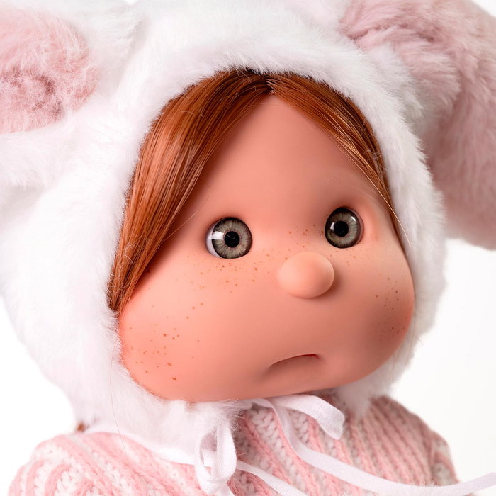 Muñecas Antonio Juan Muñeca Iris 23312 con Maquillaje, Cuerpo de Vinilo, 38 cm, Vestida de Conejito Rosa y Blanco con Accesorios