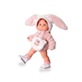 Muñecas Antonio Juan Muñeca Iris 23312 con Maquillaje, Cuerpo de Vinilo, 38 cm, Vestida de Conejito Rosa y Blanco con Accesorios