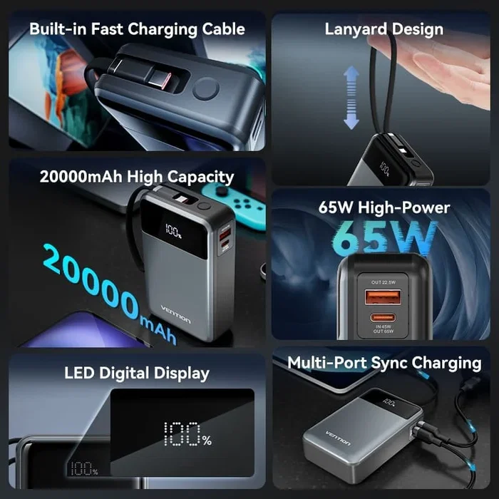 Vention Powerbank 20000mAh 65W con cable USB-C integrado Vention Powerbank 20000mAh 65W con cable USB-C integrado