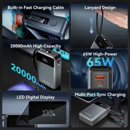 Vention FHYB0 Powerbank 20000mAh 65W Gris con Cable USB Tipo-C