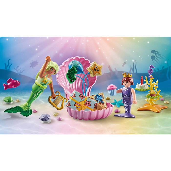 PLAYMOBIL Cumpleaños de Sirenas Princess Magic - Set de Fiesta con Concha Gigante y Accesorios, Ref. 71446