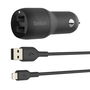 Belkin Cargador de Coche CCD001BT1MBK 24W Doble Puerto USB-A con Cable USB-A a Lightning 1m Negro - Carga Rápida