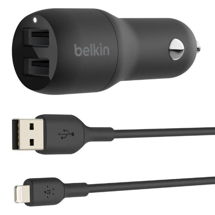 Belkin Boost Charge Cargador de Coche 24W con Doble USB-A y Cable Lightning 1m Negro