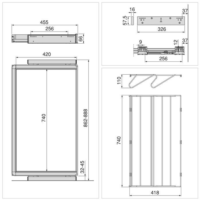 Emuca Kit de cajón zapatero y bastidor regulable Quartz para armarios, guías de cierre suave y extracción total, Módulo 90cm, Acabado Titanio