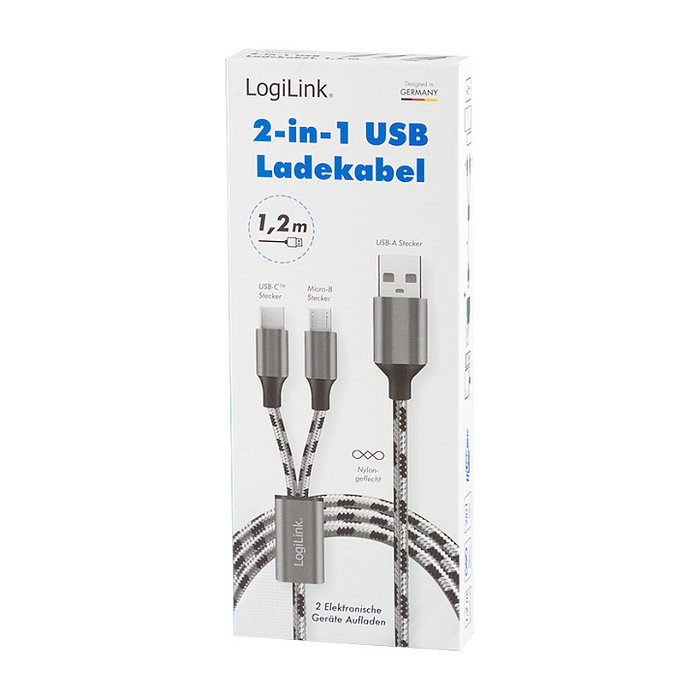 LogiLink Cable USB 2.0 USB-A/M a Micro-USB + USB-C, 1,2 m, blanco/negro LogiLink Cable USB 2.0 USB-A/M a Micro-USB + USB-C, 1,2 m, blanco/negro
