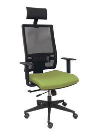 Silla de oficina Horna con mecanismo Sincro/Traslack tapizada con Tela color Verde oliva y malla color Negro. Equipada con lumbar 1D, Brazos 1D, Cabecero Fijo y Ruedas de parqué