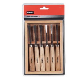 RATIO Juego 6 Gubias Carpintero Mango Madera Haya Barnizado Cuchillas Acero Carbon
