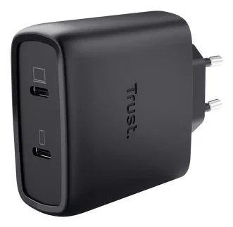 Trust Maxo Cargador GaN USB-C 65W (2 Puertos) con Cable USB-C 2m, Negro, PD 3.0, Carga Rápida PPS