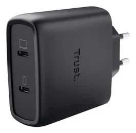 Trust Maxo Cargador GaN USB-C 65W (2 Puertos) con Cable USB-C 2m, Negro, PD 3.0, Carga Rápida PPS