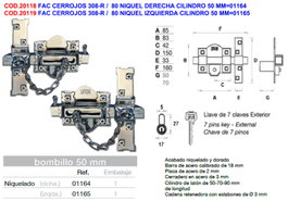 Cerradura 308-R / 80 Níquel Derecha con Cilindro de 50 mm