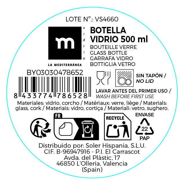 La Mediterran Botella Vidrio Pintada Tapa Corcho 3 Surtidos 500 ml 6.5x6.5x27.5 cm (24 Unidades)
