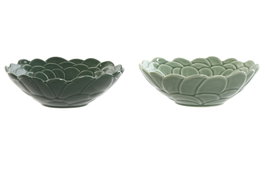 DKD Home Decor Cuencos de Porcelana Green Leafs 24 con Relieve de Hojas, Surtido de 2 Colores