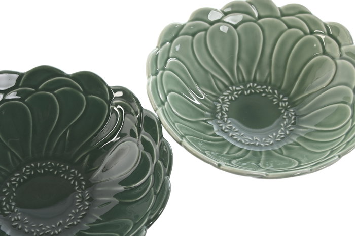 DKD Home Decor Cuencos de Porcelana Green Leafs 24 con Relieve de Hojas, Surtido de 2 Colores