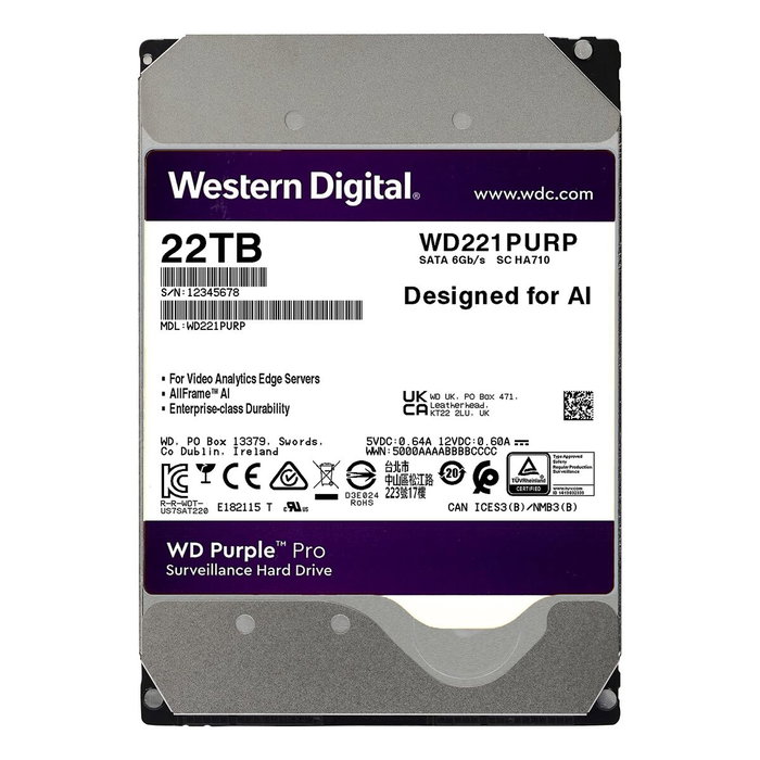 Western Digital Purple Pro 22 TB 3.5 SATA III 7200 RPM 512 MB Western Digital Purple Pro 22 TB 3.5 SATA III 7200 RPM 512 MB