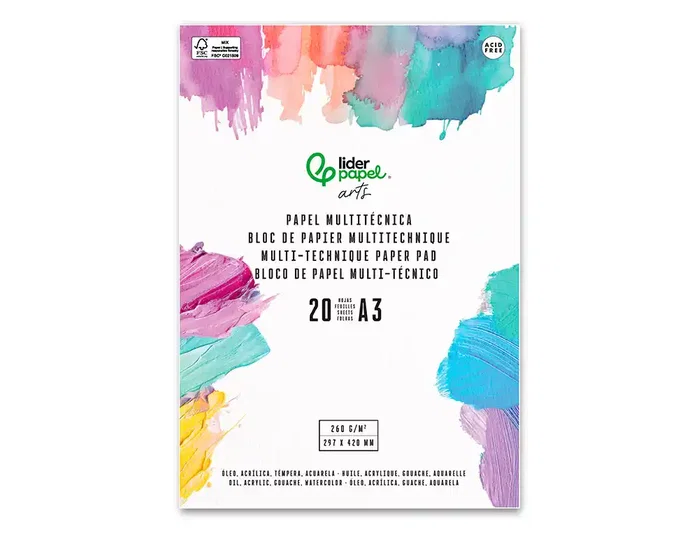 Liderpapel Bloc Dibujo Multitécnica DIN A3 20 Hojas 260g/m² para Acrílico, Óleo y Gouache