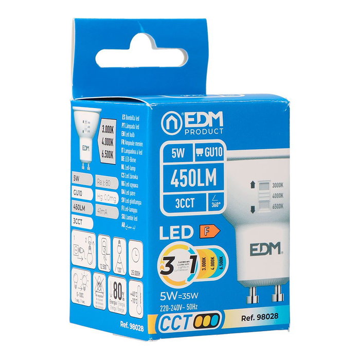 EDM Bombilla Dicroica LED GU10 5W, 450 lm, 3 CCT (3000K/4000K/6500K), Par16, Flujo 360°, Angulo 120°, Clase F, 220-240V, ø50x62 mm