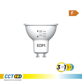 EDM Bombilla Dicroica LED GU10 5W, 450 lm, 3 CCT (3000K/4000K/6500K), Par16, Flujo 360°, Angulo 120°, Clase F, 220-240V, ø50x62 mm