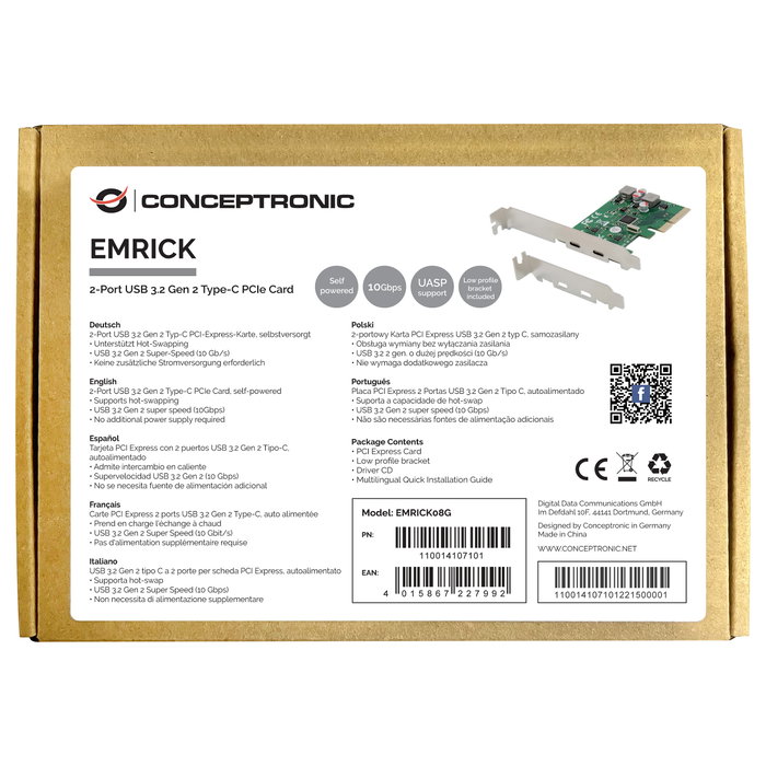 Conceptronic EMRICK08G Tarjeta de Expansión 2 Puertos USB 3.2 Gen 2 Tipo C PCIe