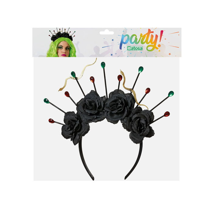Atosa Corona Negra Decorada con Rosas y Alfileres de Colores para Disfraces y Cosplay