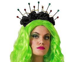 Corona Negra Decorada con Rosas y Alfileres de Colores para Disfraces, Halloween, Cosplay y Fiestas Góticas - Diadema Tétrica con Estilo Vampiresco