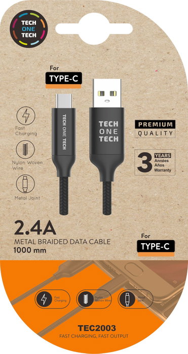 Tech One Tech Cable de Carga Rápida y Datos USB-A a USB-C, 1m, Negro Tech One Tech Cable de Carga Rápida y Datos USB-A a USB-C, 1m, Negro