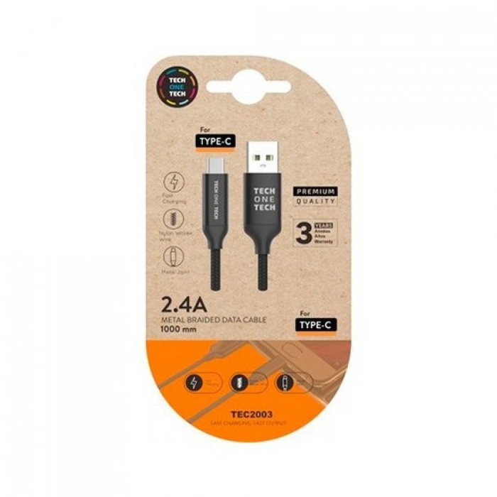Tech One Tech Cable USB-C a USB-A de Nylon, 1m, Negro