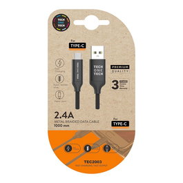 Tech One Tech Cable USB-A a USB-C 1m Negro Nylon Carga Rápida Duradero