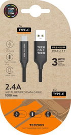 Tech One Tech Cable USB-A a USB-C 1m Negro Nylon Carga Rápida Duradero
