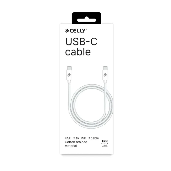 Celly Cable USB-C a USB-C 1.5 Metros, Tejido de Algodón Blanco, Carga Rápida 60W, Compatible con iPhone 15 y Smartphones Android