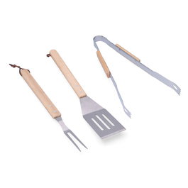 Gourmet Kitchen - Conjunto de 3 Utensilios para Barbacoa de Acero Inoxidable y Mango de Roble | Pinzas 36 cm, Espátula 43 cm, Horquilla 39 cm | Set Parrillero