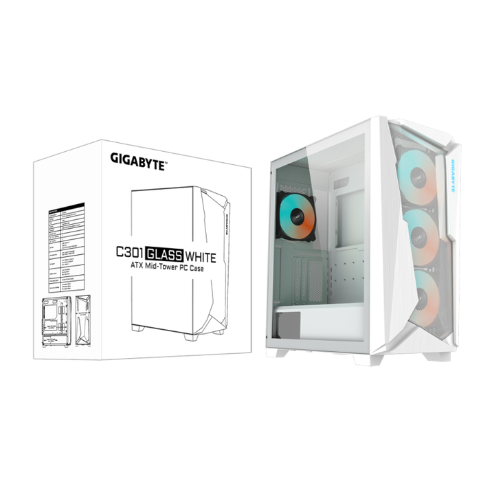 Gigabyte C301GW - Torre Media ATX para Gaming, Blanca, con 4 Ventiladores ARGB y Panel Lateral de Vidrio Templado, Soporte E-ATX, Tarjeta Gráfica de 40 cm