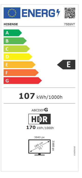 Hisense 75E6NT - Televisor Smart TV 4K Ultra HD 75" (189 cm) LED, VIDAA, HDR10+, Dolby Vision, 60 Hz, 3x HDMI, WiFi, Bluetooth, Negro