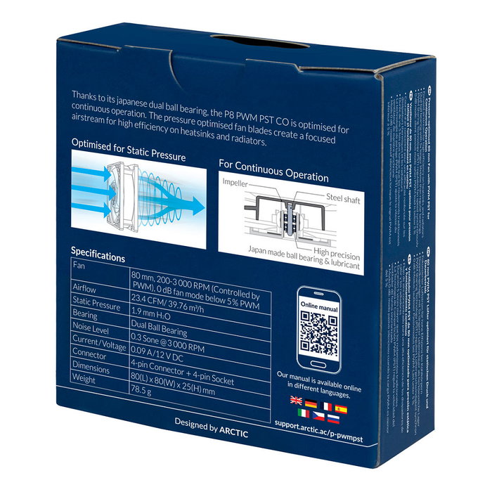 ARCTIC Ventilador P8 PWM PST CO, 80 mm, Negro, 200-3000 RPM, 40.3 m3/h, 0.3 sone, 4 Pines, FDB, Caja