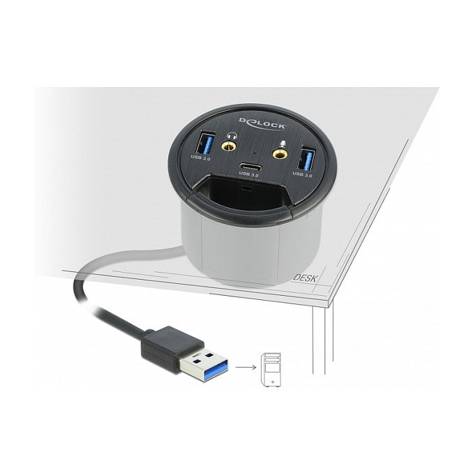 DELOCK 3 Port Tisch-Hub USB Hub para Escritorio con 1x USB Type-C, 2x USB Type-A y Puertos HD-Audio, Negro DELOCK 3 Port Tisch-Hub USB Hub para Escritorio con 1x USB Type-C, 2x USB Type-A y Puertos HD-Audio, Negro