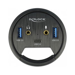 DELOCK 3 Port Tisch-Hub USB Hub para Escritorio con 1x USB Type-C, 2x USB Type-A y Puertos HD-Audio, Negro