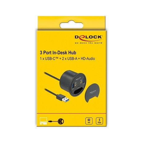 DELOCK 3 Port Tisch-Hub USB Hub para Escritorio con 1x USB Type-C, 2x USB Type-A y Puertos HD-Audio, Negro DELOCK 3 Port Tisch-Hub USB Hub para Escritorio con 1x USB Type-C, 2x USB Type-A y Puertos HD-Audio, Negro