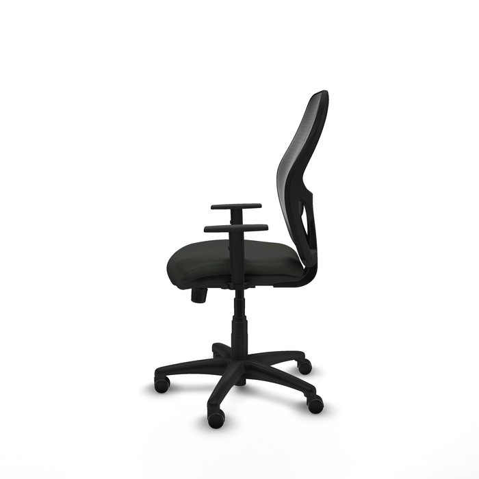 Silla de oficina Alocén con mecanismo Sincro tapizada con Tela color Negro. Equipada con lumbar 1D, Brazos 1D y Ruedas de parqué