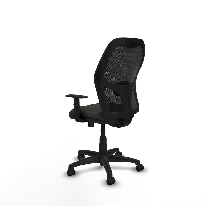 Silla de oficina Alocén con mecanismo Sincro tapizada con Tela color Negro. Equipada con lumbar 1D, Brazos 1D y Ruedas de parqué