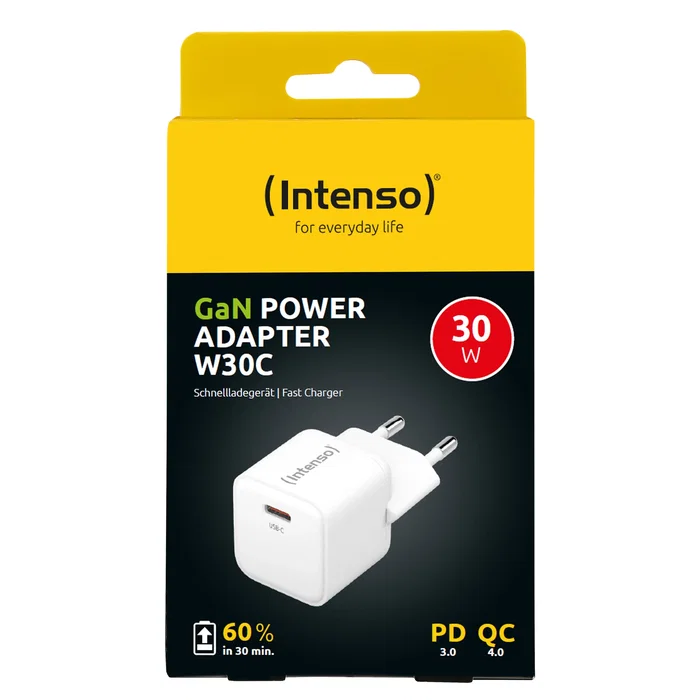 Intenso Adaptador de Corriente 30W USB-C GaN 7803022, Blanco, Carga Rápida, Universal, 1 Puerto, Enchufe UE, Interior