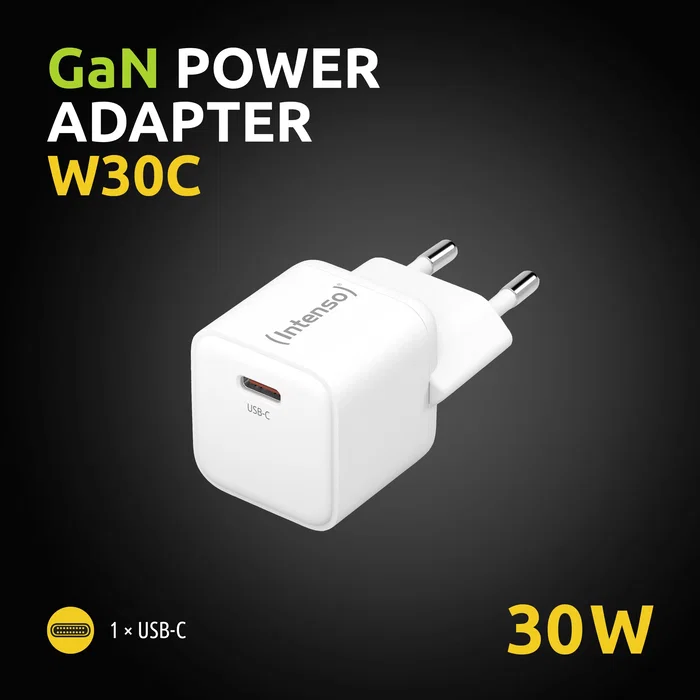 Intenso Adaptador de Corriente 30W USB-C GaN 7803022, Blanco, Carga Rápida, Universal, 1 Puerto, Enchufe UE, Interior
