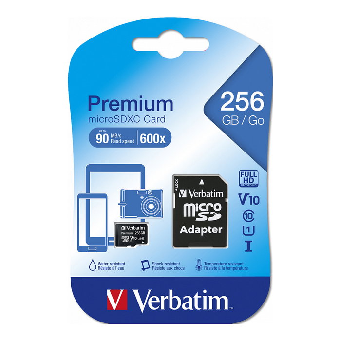 Verbatim Premium 256GB MicroSDXC Tarjeta de Memoria Clase 10 UHS-I, Lectura 90 MB/s, con Adaptador SD