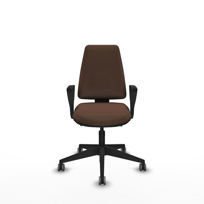 Silla de oficina Elche con mecanismo Asincro tapizada con Tela color Marrón oscuro. Equipada con Base piramidal negra, Brazos fijos y Ruedas 65 mm parqué Silla de oficina Elche con mecanismo Asincro tapizada con Tela color Marrón oscuro. Equipada con Base piramidal negra, Brazos fijos y Ruedas 65 mm parqué