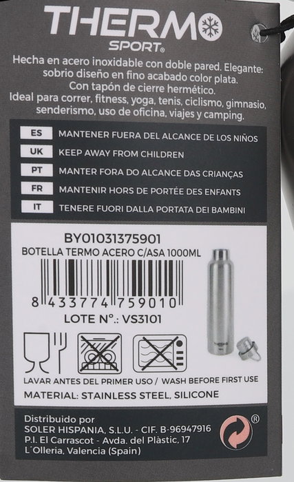 Thermosport Botella Termo de Acero Inoxidable con Asa, 1000 ml (1 L), 30,5 cm Alto x 8 cm Diámetro (6 Unidades)