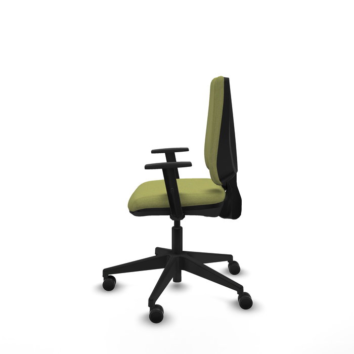 Silla de oficina Elche con mecanismo Contacto permanente básico tapizada con Tela color Verde oliva. Equipada con Base piramidal negra, Brazos 1D y Ruedas 65mm nailon