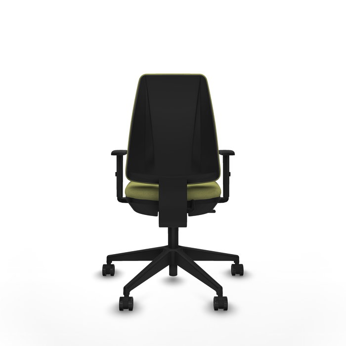 Silla de oficina Elche con mecanismo Contacto permanente básico tapizada con Tela color Verde oliva. Equipada con Base piramidal negra, Brazos 1D y Ruedas 65mm nailon
