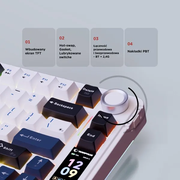 Rampage Quell Pro Teclado Mecánico Inalámbrico 2.4G + BT Hot-Swap Gasket Pantalla Disposición Polaca