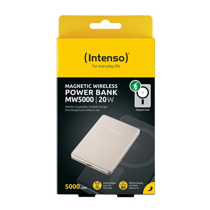 Intenso MW5000 Batería Externa Magnética Power Bank 5000 mAh Compatible con MagSafe, Carga Inalámbrica 15W y USB-C PD 20W, Color Champán